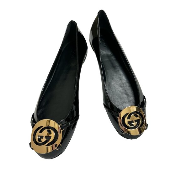 NEW WITH BOX Gucci Black Patent Leather GG Logo Ballet Flats for Women Size 39 - Picture 3 of 14